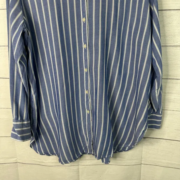 LOFT Striped Button Down Top Size L Blue White Long Sleeve Boho Coastal Nautical - Image 4