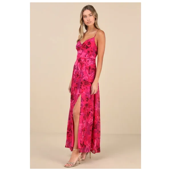NWT Lulus Beautiful Soul Fuchsia Floral Twist-Front Maxi Dress Cruise Size S - Image 7
