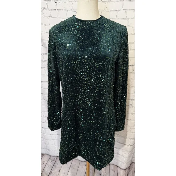 NWT Cupshe Green Sequin Embellished Long Sleeve Mini Dress Medium - Image 2