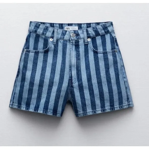 Zara High Waisted Light Dark Blue Striped Denim Shorts Size 4 - Image 7