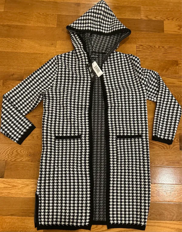 Golden Lillie Women's Long Hooded Cardigan Sweater Houndstooth Jacket M - Image 13