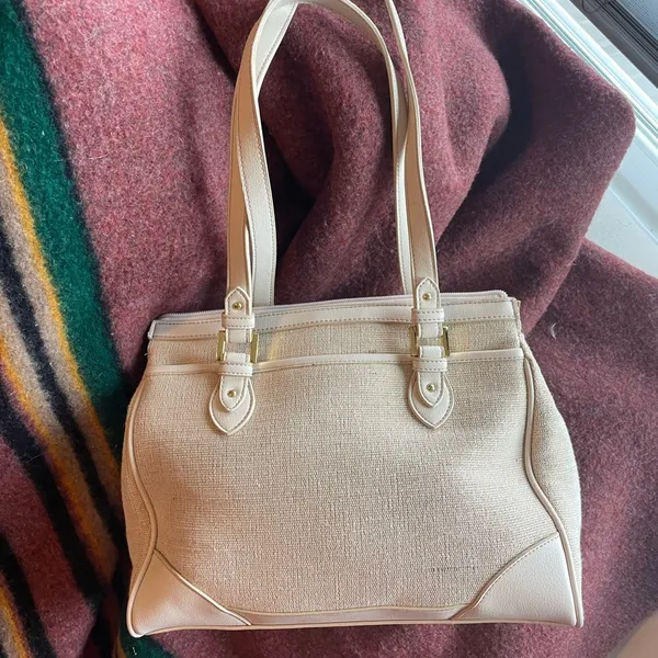 Vintage Etienne Aigner Bone leather and woven jute double handled satchel - Image 7