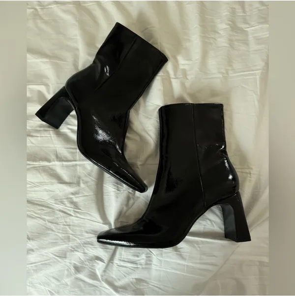 Black Patent Glossy Shine Leather Ankle Boots Block Heel Square Toe - Image 9