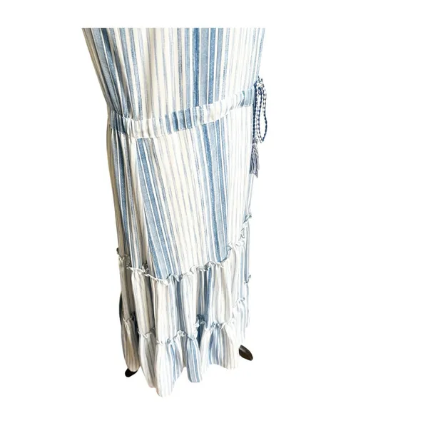 MISA Los Angeles Medium Aleja Stripe Print Linen Midi Dress White Blue Tassel - Image 7