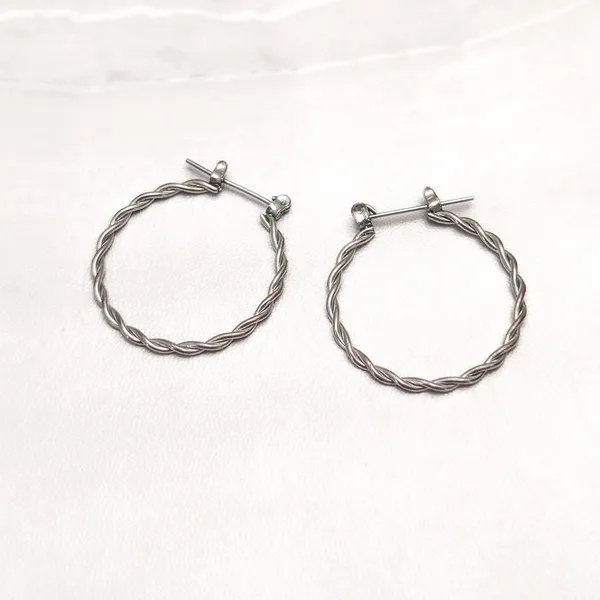 Vintage Stud Earrings Silver Tone Hoops Twisted Hoop Design Large 1 & 1/8" - Image 4
