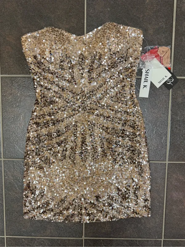 Shail K Strapless Sequined Bodycon Mini Dress Blush Beige Silver 10 NEW NWT - Image 9