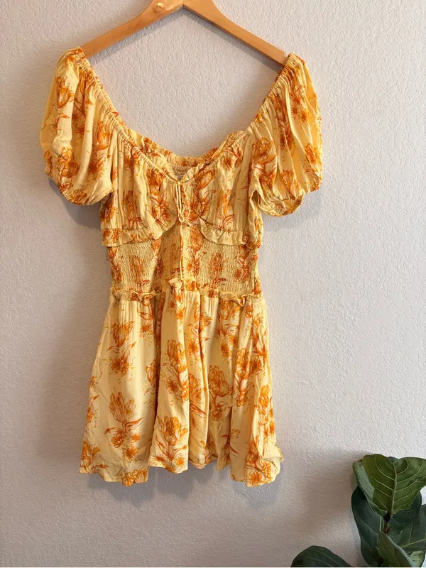 Sabo Skirt Milota Dress Size M Yellow Floral Puff Sleeves Mini Boho Summer - Image 2
