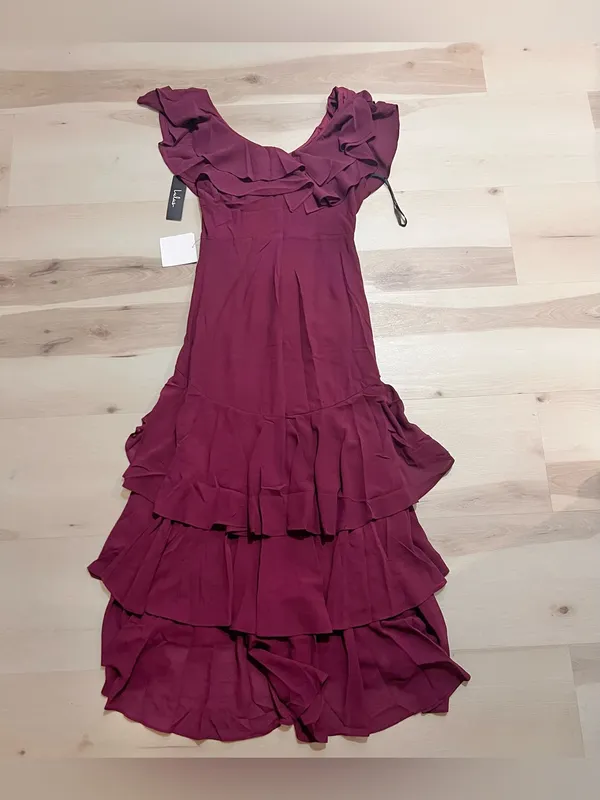 Lulus NWT XS Women Burgundy Ruffled Maxi Dress Flamenco Flare Evening Formal - Image 5