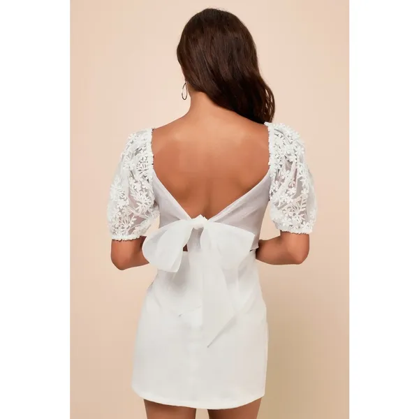 Lulus Charming Potential White Organza Backless Puff Sleeve Mini Dress M NWT - Image 2