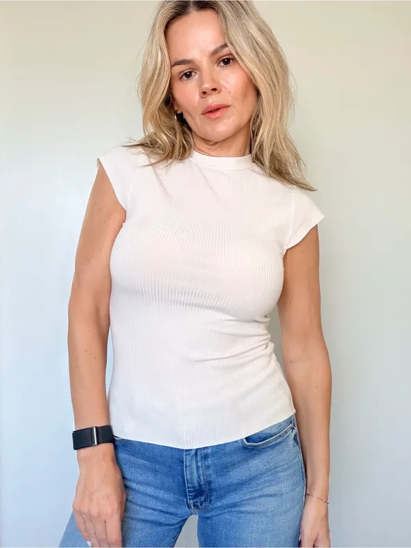 Reformation White Ribbed Cap-Sleeve Mock Neck Tank - Image 3