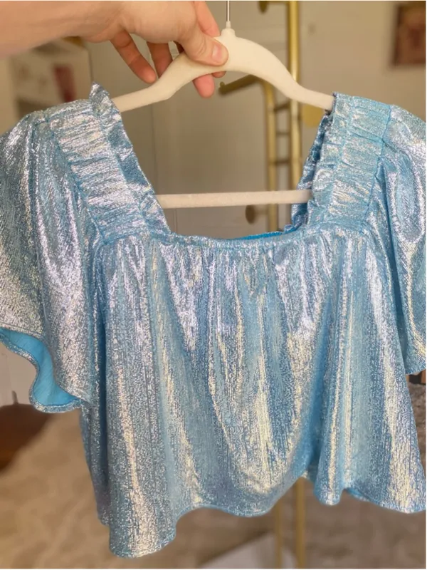 Queen of Sparkles Metallic Crop Top Blue Puff Sleeve XS Festival Party Glam Boho - Image 4