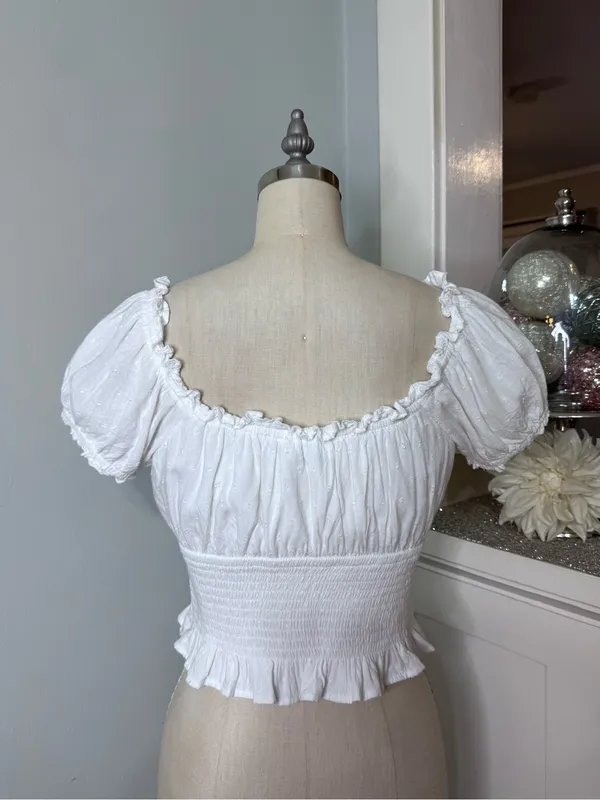 Hollister White Crop Top Puff Sleeves Smocked Ruffled Square Neckline Large - Image 6