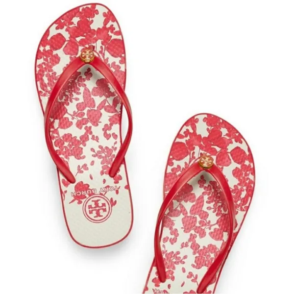TORY BURCH Thandie Wedge Flip Flops Red Pepper / Issey Fade Floral Sandals 10 - Image 2