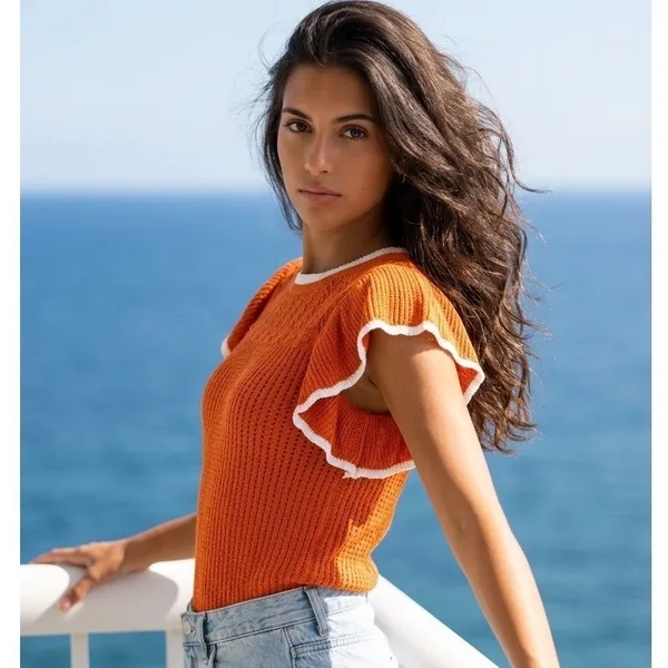 Orange Pointelle Knit Ruffle Sleeve Top White Trim Scalloped Hem Cottagecore‎ - Image 2