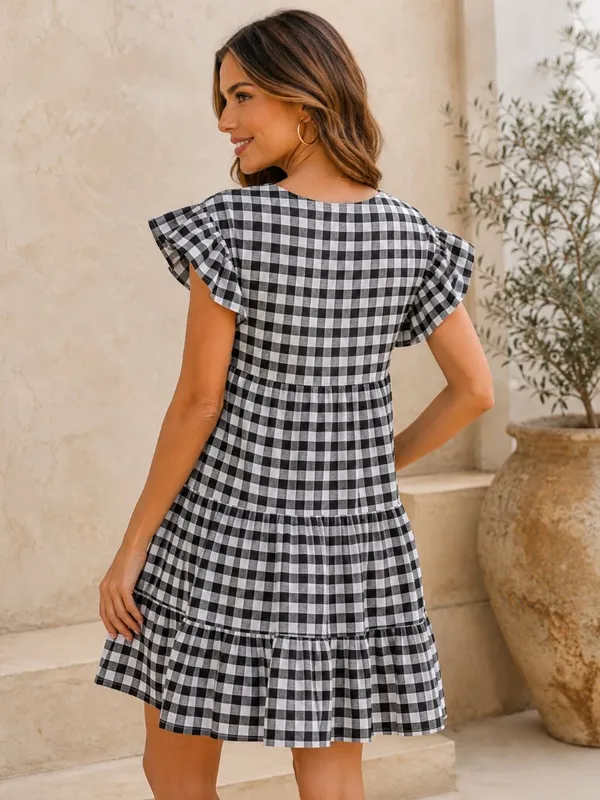 Black White Gingham Tiered Babydoll Mini Dress NWOT - Image 2