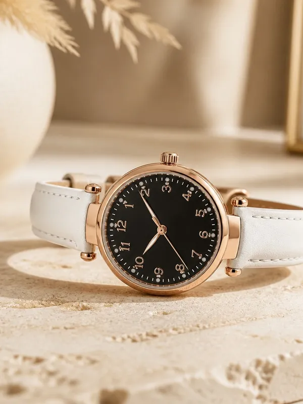 Geneva White Leather Band w/ Rose Gold Trim Quartz Watch Adjustable Band - Image 2