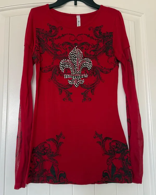 Y2K Gothic Rhinestone Fleur-de-Lis Mesh Sleeve Top ❤️ Red & Black Baroque | Mi Manchi Small - Image 2