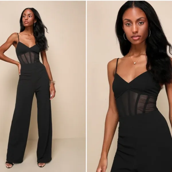 LULU's Sexy Chic Elegant Sheer Bustier Corset Black Wideleg Jumpsuit Pantsuit - Image 2