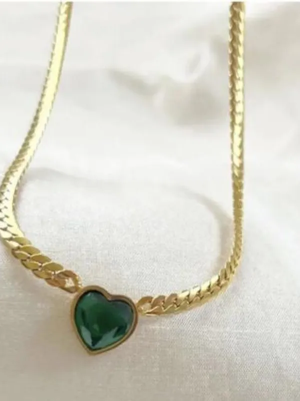 18K Gold Plated Green Heart snake chain Necklace Stainless Steel womens jewelry - Image 9