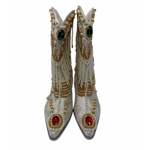 Azalea Wang Astounding White Jewel Beaded Pearl Western Cowboy Boots Size 6 - Image 8