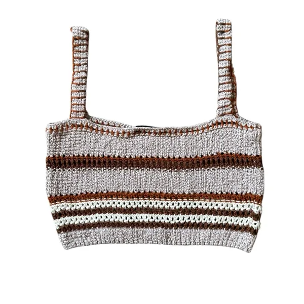 Zara Knit Crochet Crop Top Brown Tan Size Small Boho Cottage - Image 3