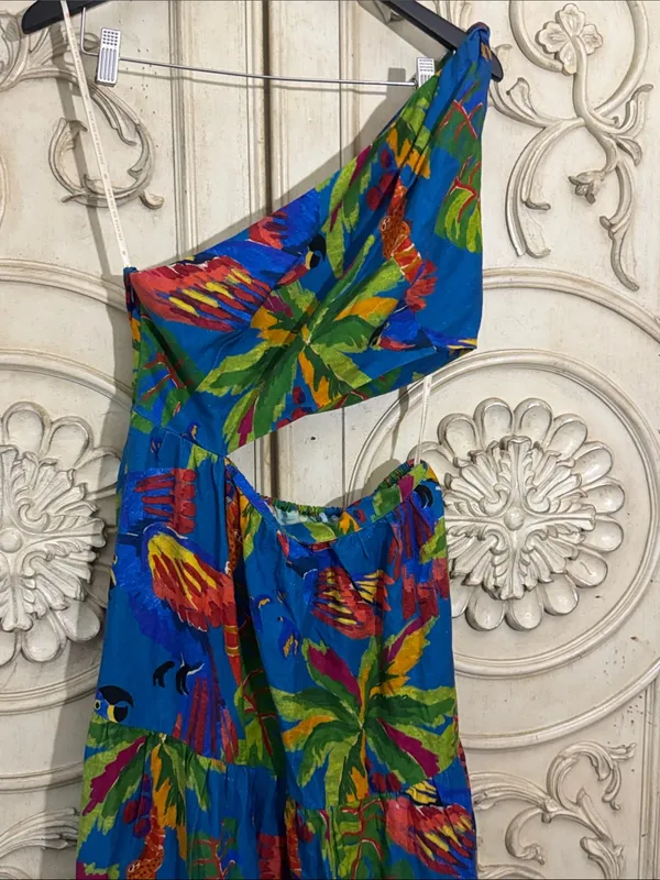 FARM RIO Blue Sunny Day One Shoulder Tropical Print Maxi Dress Sz:Medium - Image 7