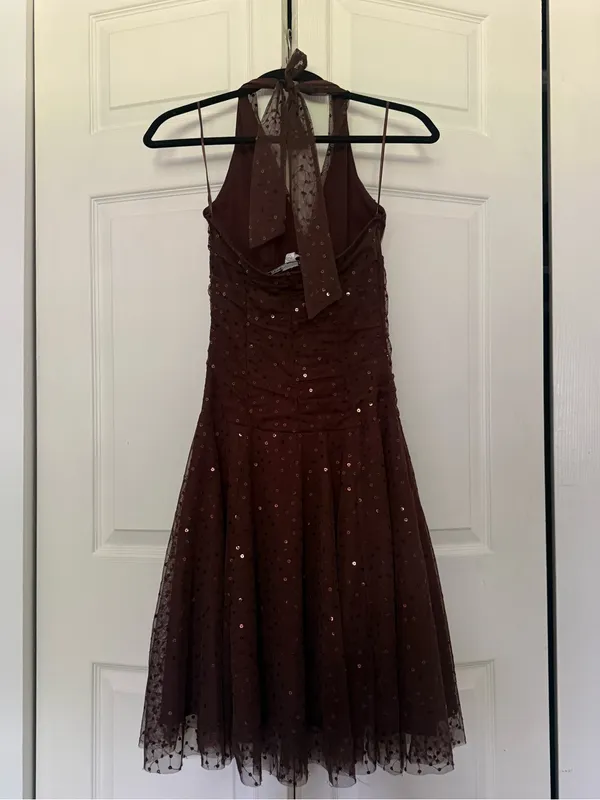 Vintage Y2K Necessary Objects Brown Sequin Halter Tulle Mini Dress Size Small - Image 4
