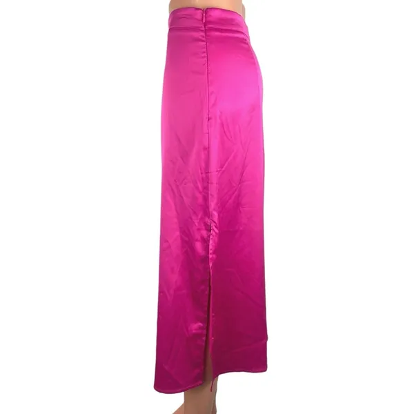 Womens Neon Pink Satin Silk High Slit Midi A-Line Maxi Slip Blogger Skirt Size S - Image 2