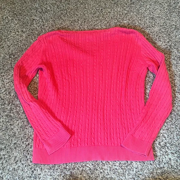 Talbots Pink‎ Cable Knit V Neck Sweater Women's Size Small Pima Cotton - Image 5