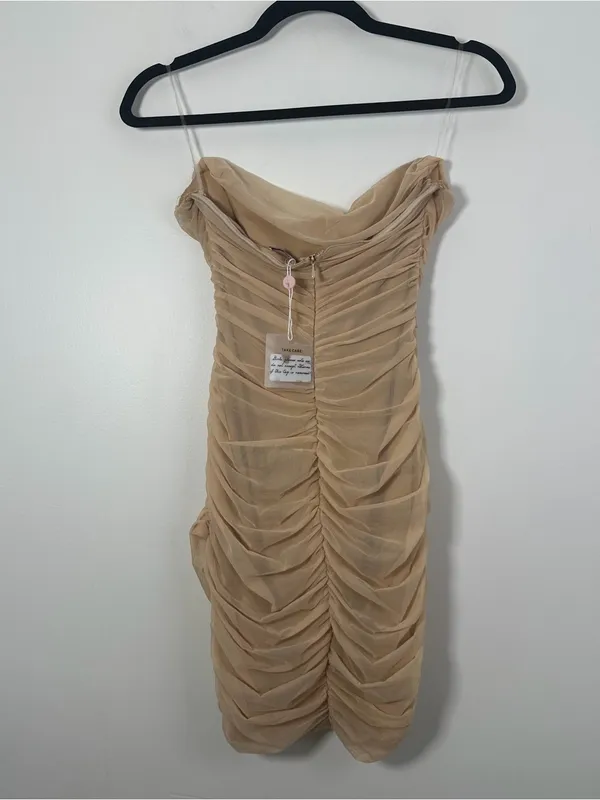 Oh Polly Nude Beige Ruched Mesh Bodycon Mini Dress Size US 4 NWT - Image 3