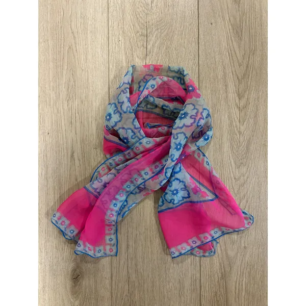 Vintage Style Pink Blue Floral Sheer Chiffon Rectangle Scarf Retro Botanical - Image 3
