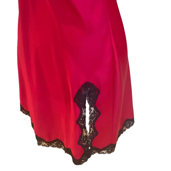 Victoria's Secret Satin Red Slip Dress With Black Lace Trim Side Slit S - Image 4
