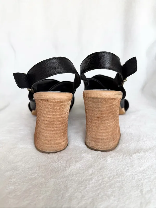 Born Black Leather Crisscross Slingback Block Heels with Tan Wood-Look Heel - Image 4