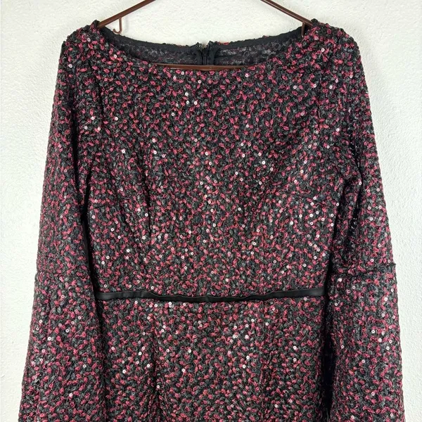 Carmen Marc Valvo Infusion 6 Red Black‎ Sequin Lace Bell Sleeve Dress NWT - Image 6