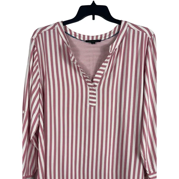Jane & Delancey Womens 2X Pink White Striped Rayon Blouse Roll Tab High Low Top - Image 2