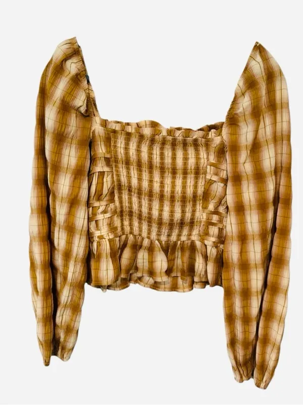 Bohme Brown Beige Plaid Smocked Blouse Size Large NWOT - Image 2