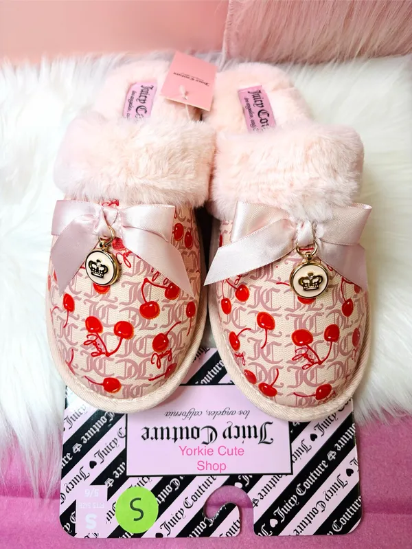 NWT Juicy Couture Coquette Cream/Pink Cherry Slippers - Image 2