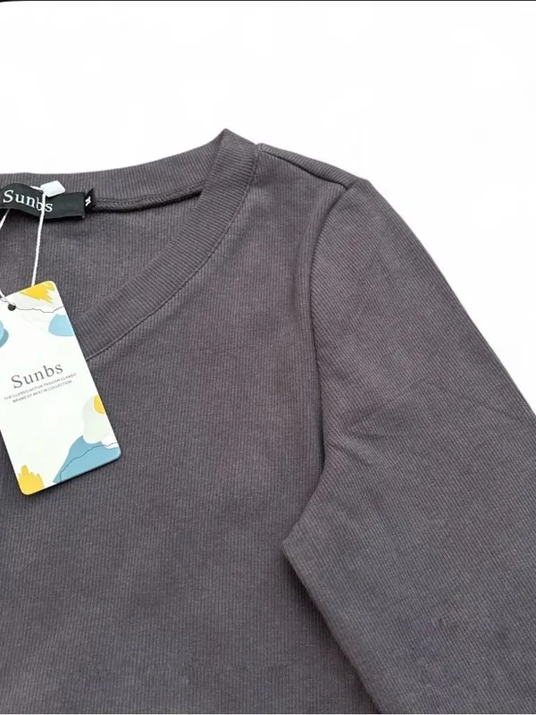 Long-Sleeve Ribbed V-Neck Slim Fit Top Gray Lightweight Fitted Casual Shirt Sz M - Image 5