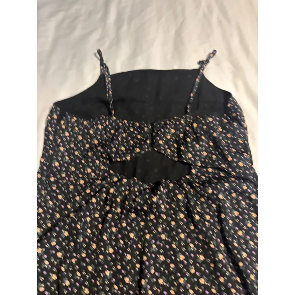American Eagle‎ Black Floral Midi Dress Size L Square Neck Back Cutout Slit Boho - Image 3