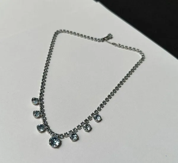 Blue Prong Set Rhinestone Silver Tone Choker Necklace - Image 2