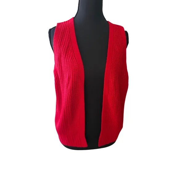 Red Knit Sweater Vest Sleeveless Open Front Longline Layering Preppy - Image 4