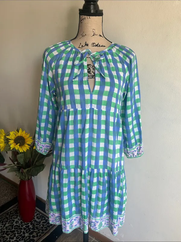 SZ Blockprints Priya Gingham Tiered Blue Green White Dress Size Small - Image 5