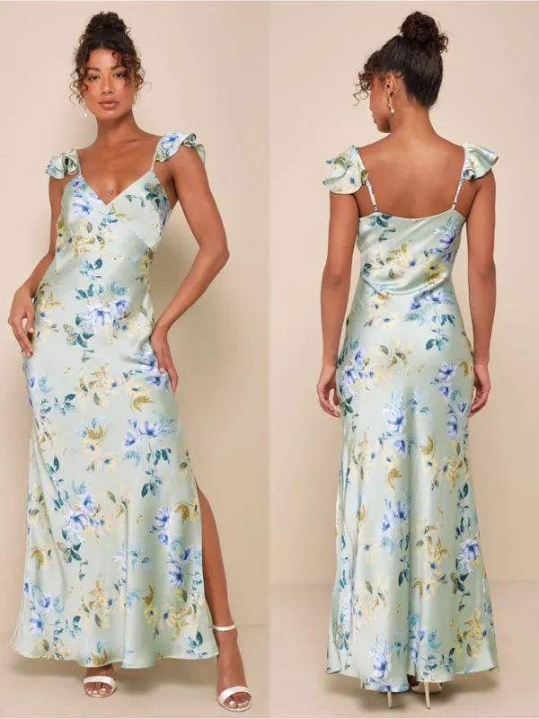 LULU’S Captivating Grace Sage Green Floral Satin Ruffled Maxi Dress - Image 2