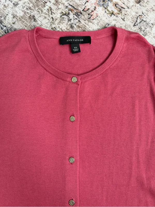 Ann Taylor Rose Pink Short-Sleeve Button Silk Cardigan - Image 8