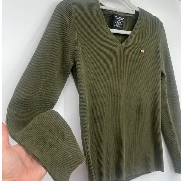 Ralph Lauren Vtg Polo Jeans Y2K Womens Sweater Sz XL Olive Ribbed Preppy Quiet Luxury Flag - Image 4