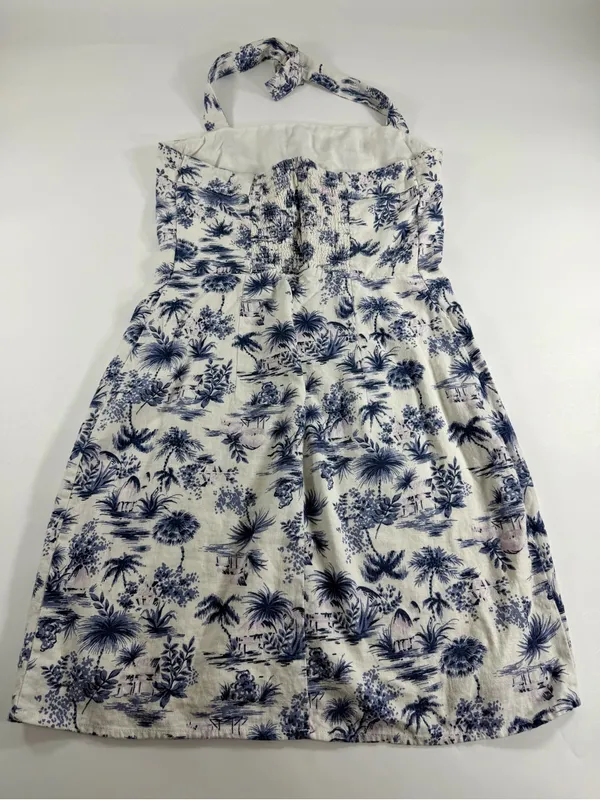 Coastal Linen Blend Halter Mini Dress Tropical‎ Toile Print Blue Ivory Womens M - Image 2