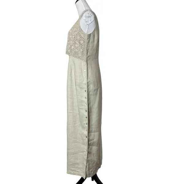 Vintage Y2K 100% Linen Maxi Dress Size 8 Crochet Button Up Fairy Coastal Boho - Image 2
