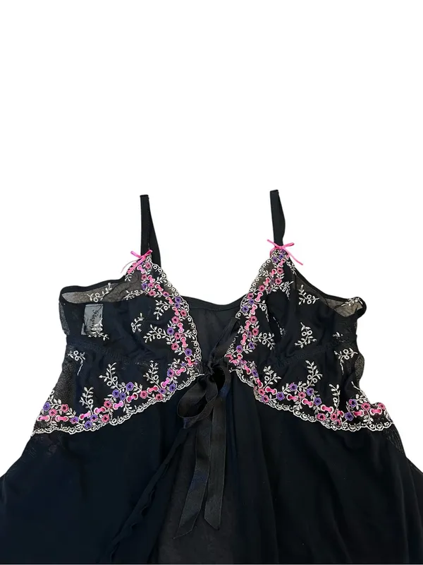 Y2K Playboy Lingerie Tie Front Sheer Mesh Cami Top Embroidered Floral Coquette - Image 2