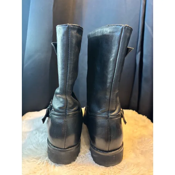 Black Leather Moto Buckle Boots Mid Calf Side Zip Platform Lug Sole TA 21J61 Size 6.5 - Image 2