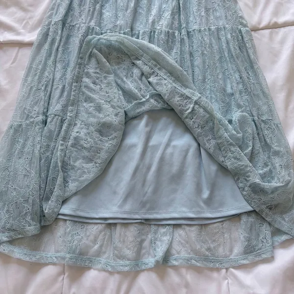 Light Blue Floral Lace Tiered Midi Skirt Boho Cottagecore Peasant Small - Image 3